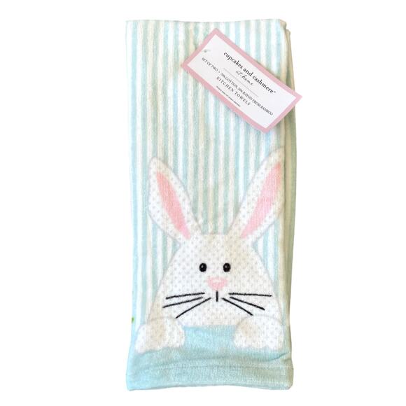 Cupcakes & Cashmere EASTER Bunny Kitchen Towels Blue White Striped Set of 2 NEW - Picture 1 of 11